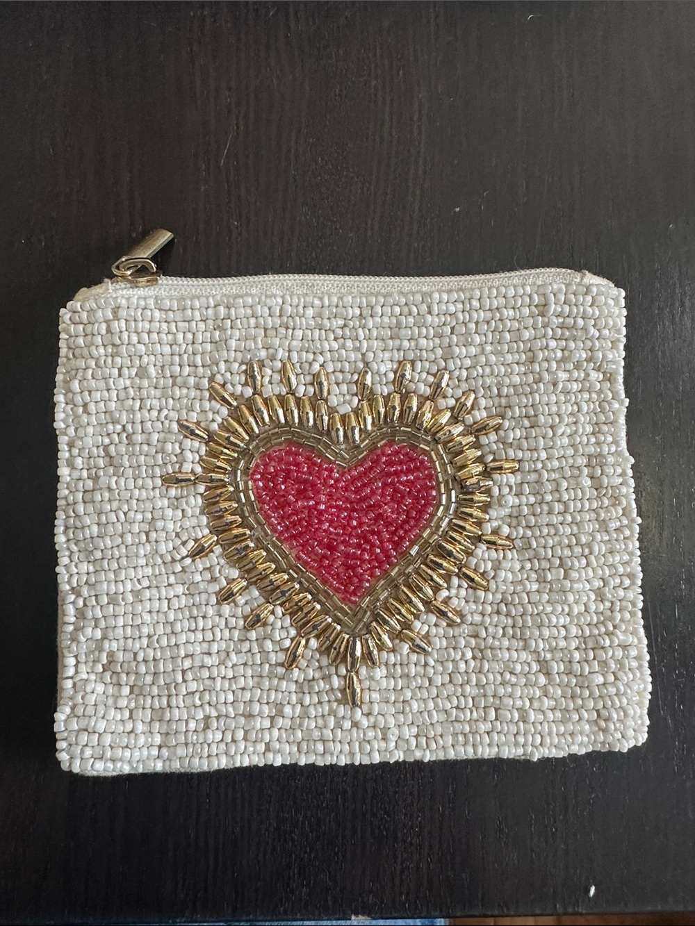 White Beaded Cosmetic Pouch/coin with Pink Heart and Gold Accents